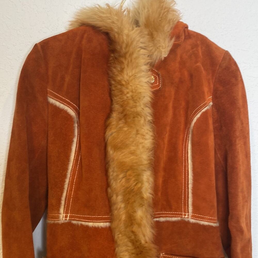 Vintage Penny Lane Rust Colored Suede Coat w/ Faux Fur Trim Snap Closure Sz XS - Picture 2 of 16
